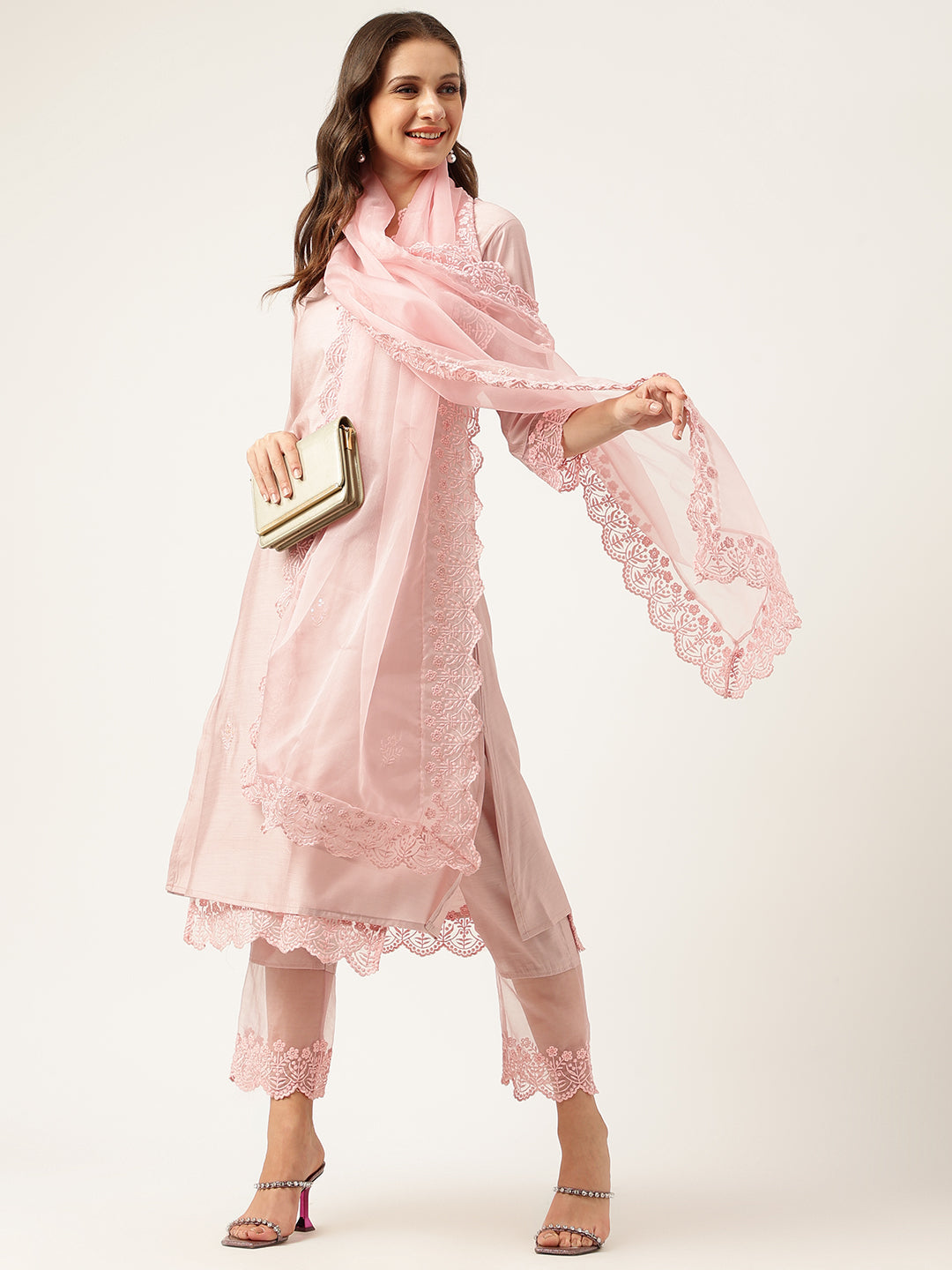 Solid Chanderi Kurta with Inner, Trouser Inner & Dupatta Set